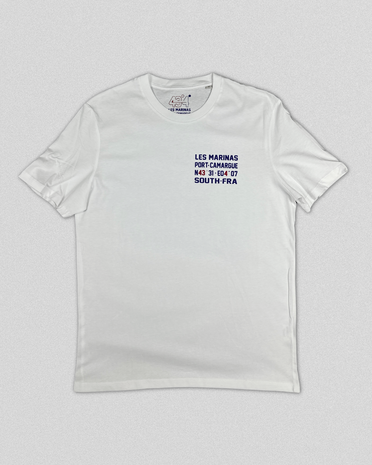 T-shirt Blanc "Les Marinas Port-Camargue 43°4"
