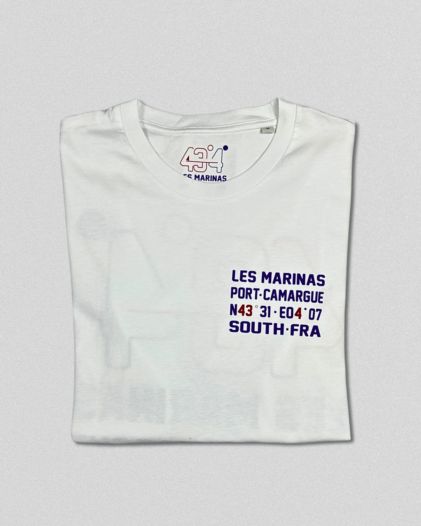 T-shirt Blanc "Les Marinas Port-Camargue 43°4"
