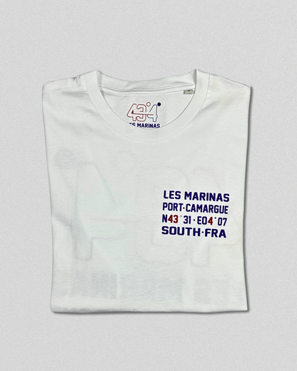 T-shirt Blanc "Les Marinas Port-Camargue 43°4"